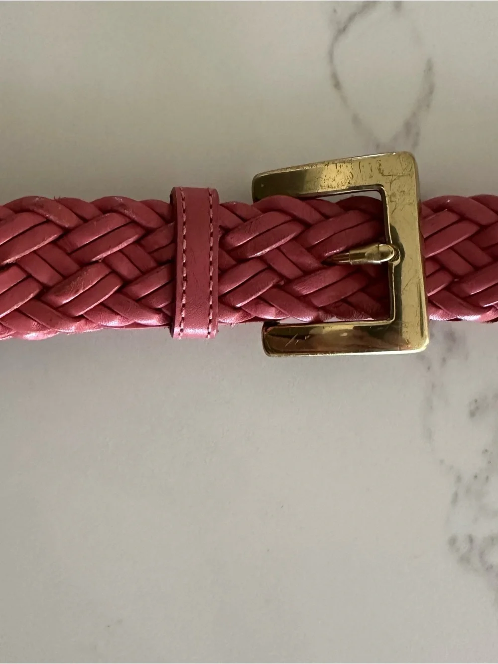 Vintage Talbots Braided Leather Belt Solid Brass Square Buckle Gloss Pink M